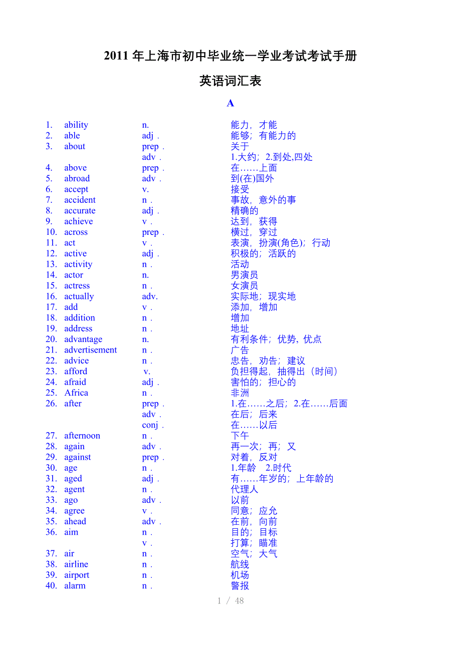 2011年上海初中英语考纲单词表原版参考word_第1页