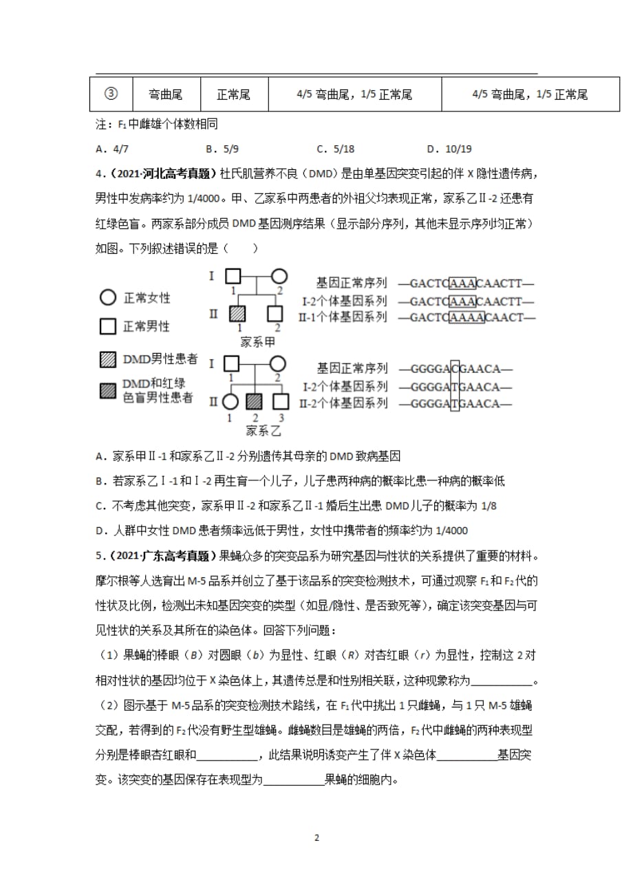 全国三年高考（2019-2021）生物试题分项汇编——专题10 伴性遗传和人类遗传病（学生版）_第2页