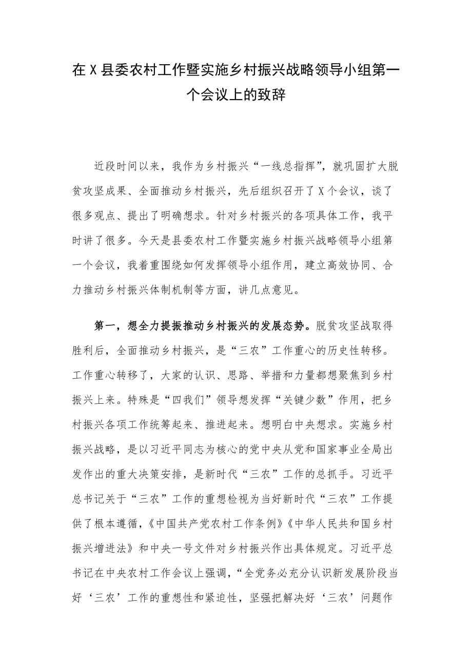 在X县委农村工作暨实施乡村振兴战略领导小组第一个会议上的致辞_第1页