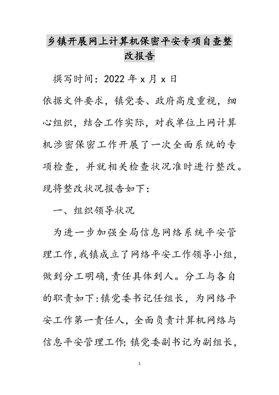 乡镇开展网上计算机保密安全专项自查整改报告范文_第1页