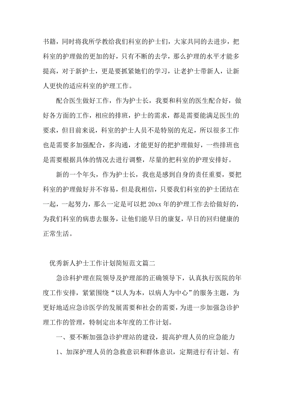 优秀新人护士工作计划简短范文_第2页