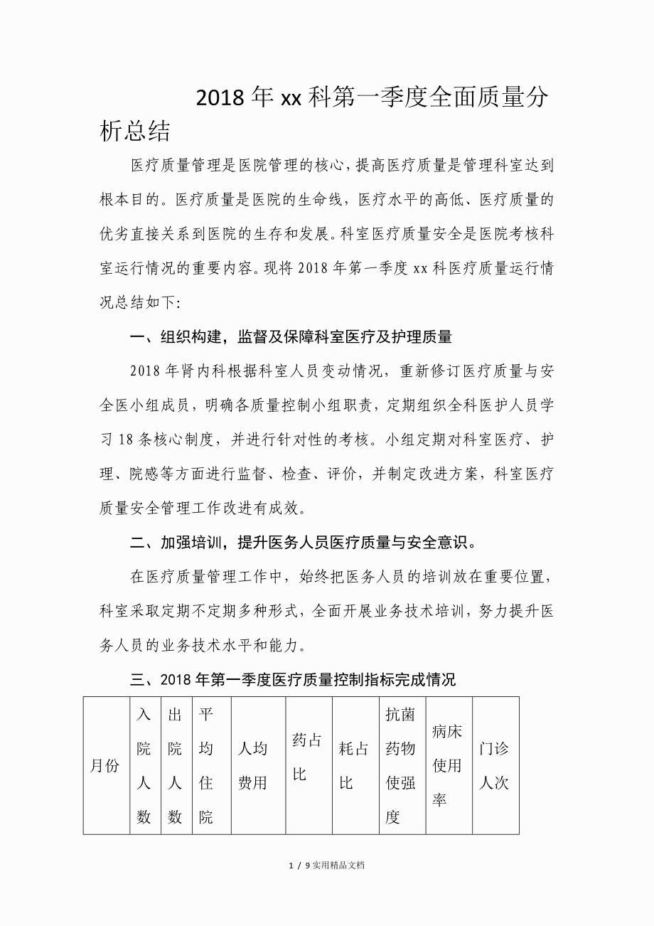 2018科室第一季度医疗质量分析总结(经典实用)_第1页