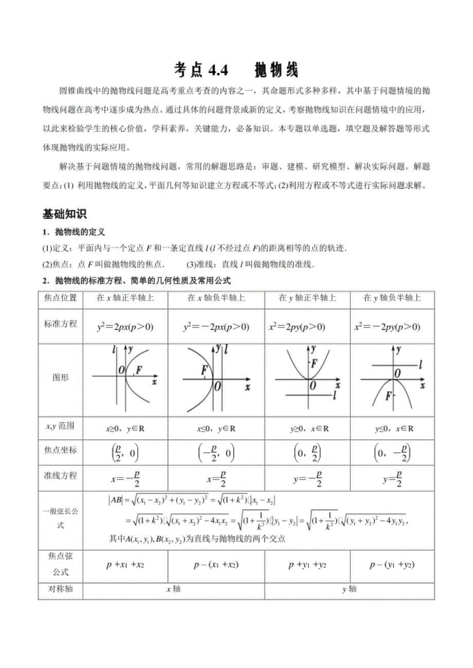 高考数学新高考下基于问题探究考点4.4 抛物线_第1页