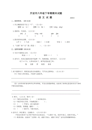 统编版六年语文下册试题 河南省开封市 下学期期末试题（附答案）