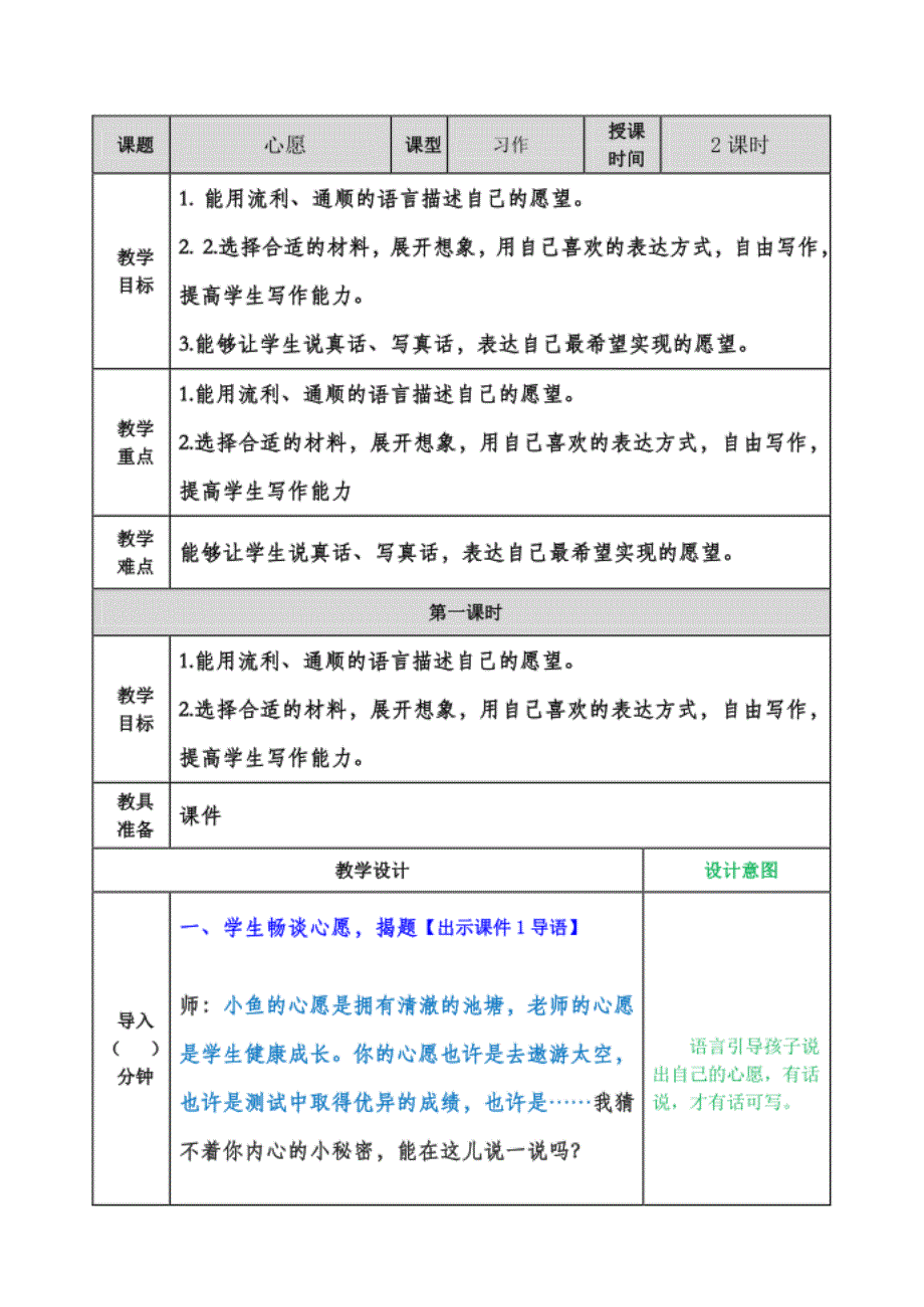 春部编版六年级语文下册第四单元习作：心愿教案表格式+教学设计+学案_第1页