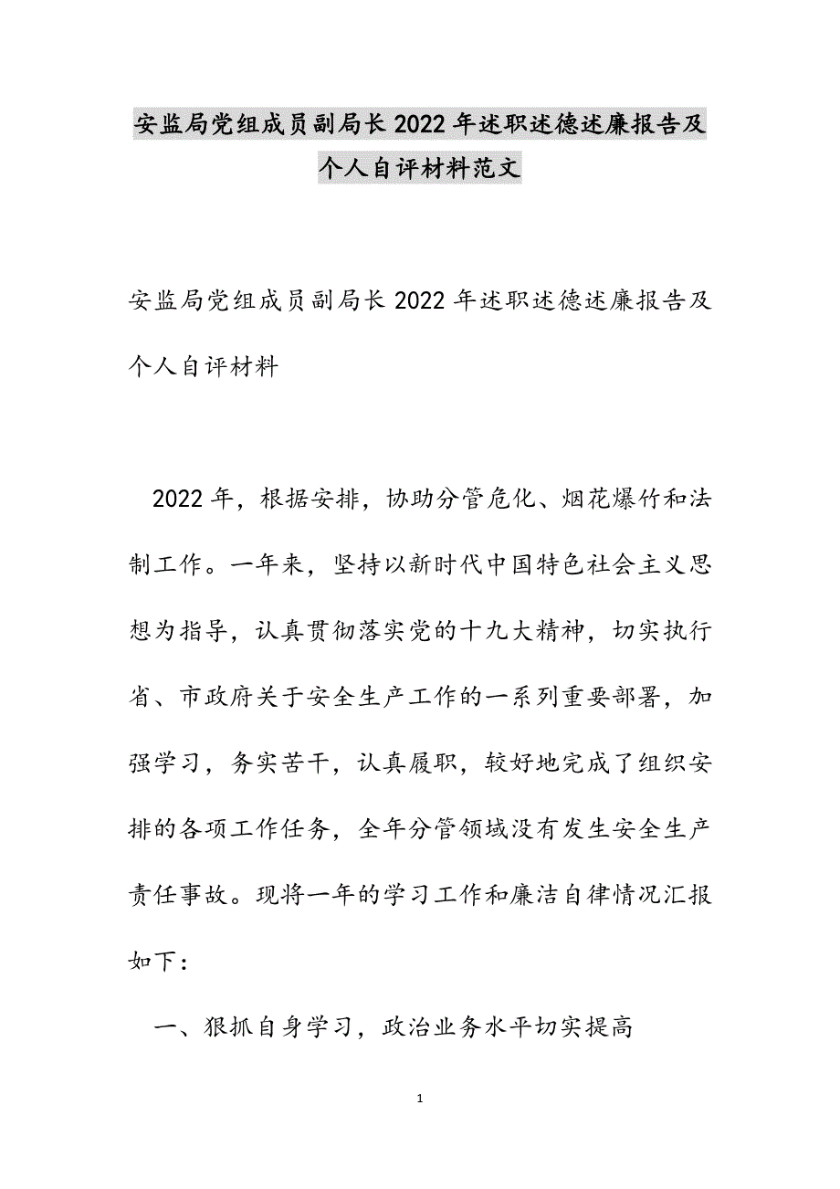 安监局党组成员副局长2022年述职述德述廉报告及个人自评材料范文_第1页