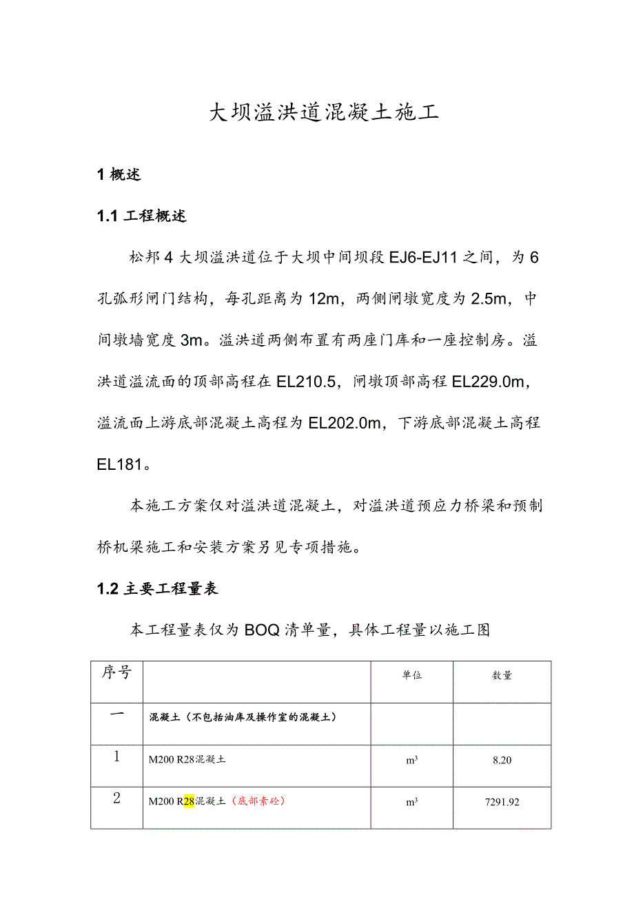 水库大坝溢洪道混凝土施工方案_第1页