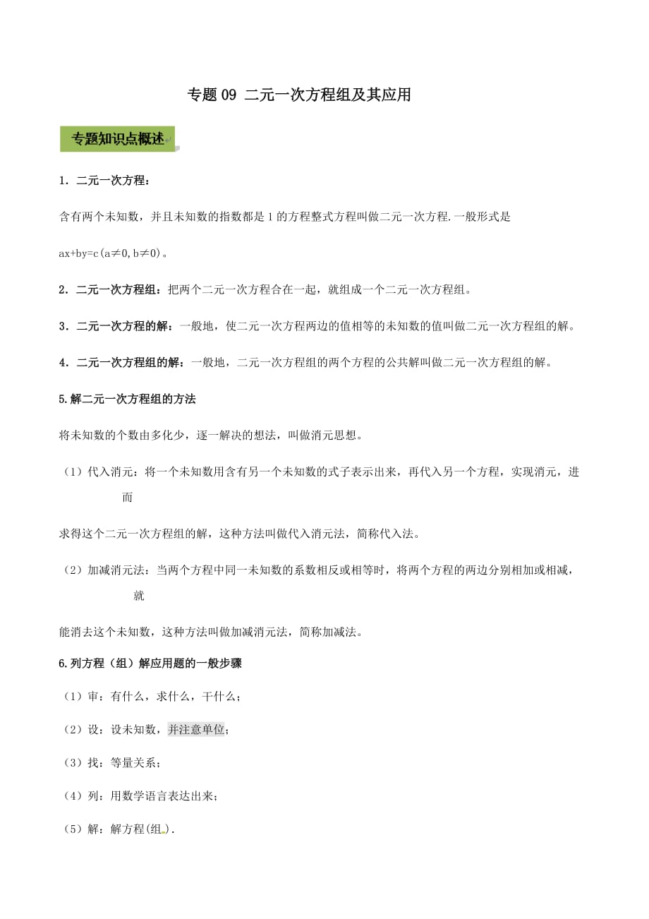 中考数学点对点突破复习特色专题-专题09 二元一次方程组及其应用（原卷版）_第1页