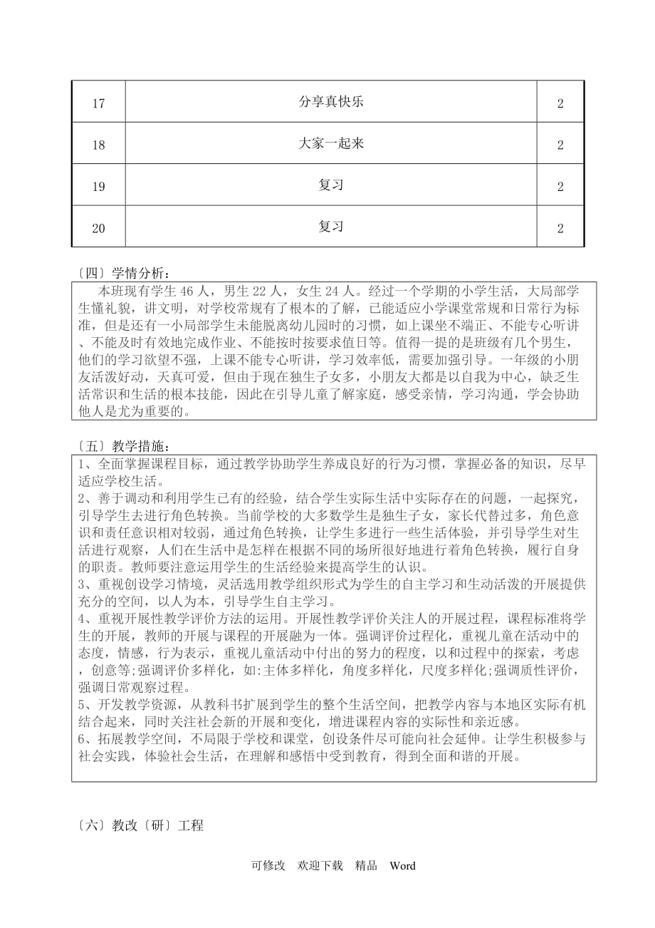 部编版道德与法治教学设计部编一级下册道德与法治教计划（表格）_第3页