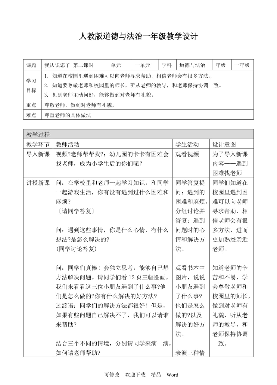 部编版道德与法治教学设计我认识您了第二课时教案2_第1页