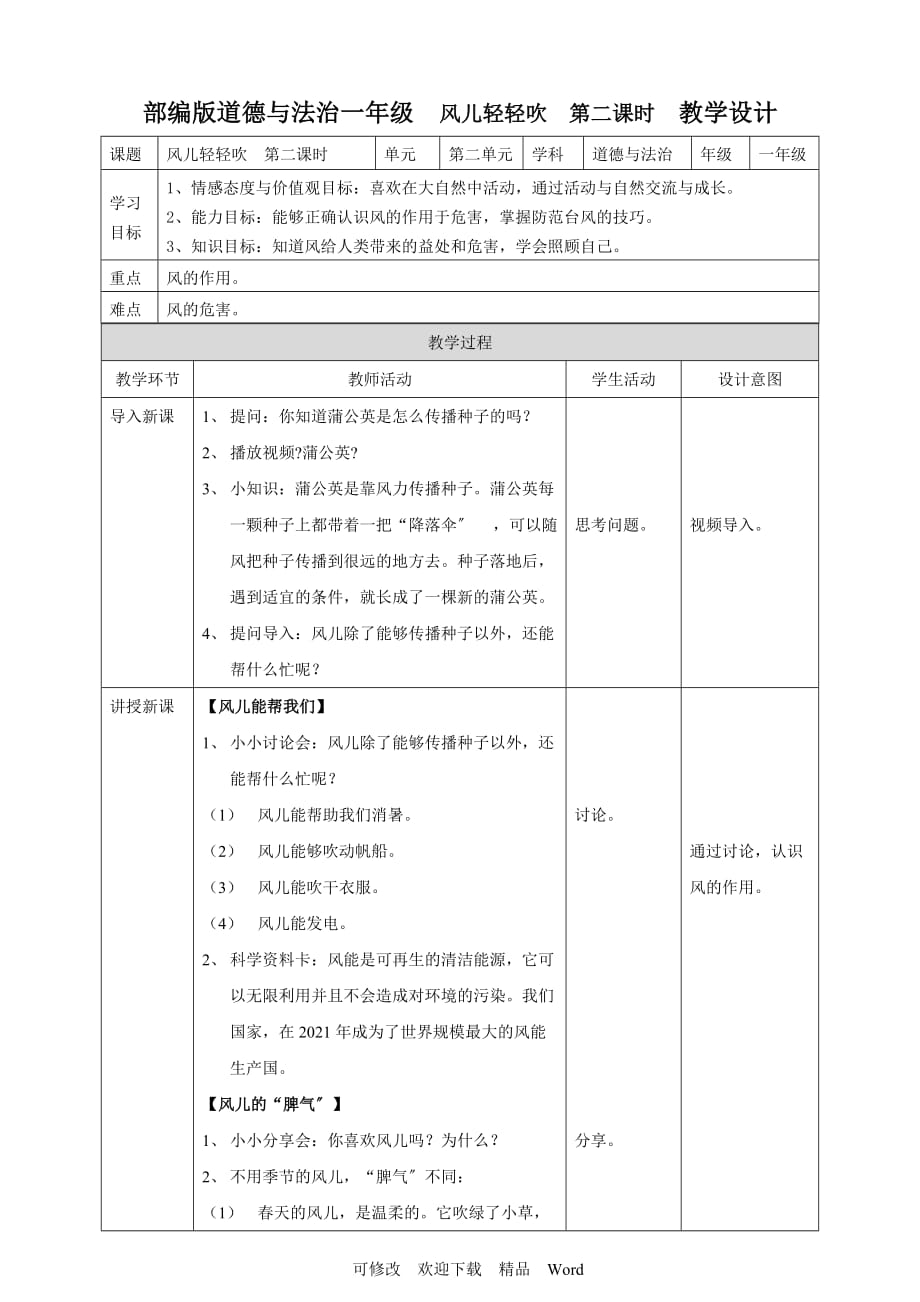 部编版道德与法治教学设计风儿轻轻吹第二课时 教案_第1页