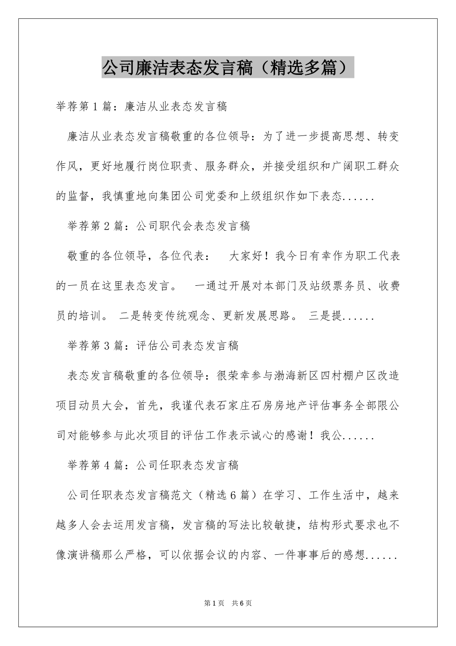 公司廉洁表态发言稿（精选多篇）_第1页