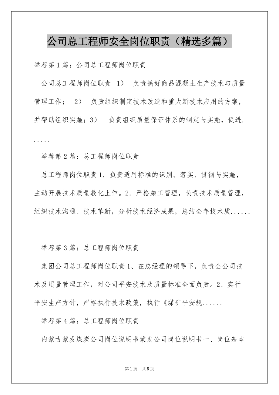 公司总工程师安全岗位职责（精选多篇）_第1页