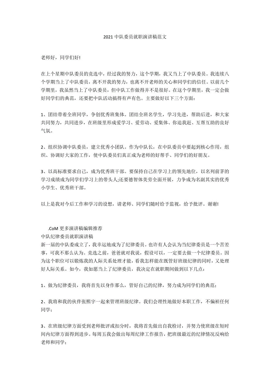 2021中队委员就职演讲稿范文_第1页