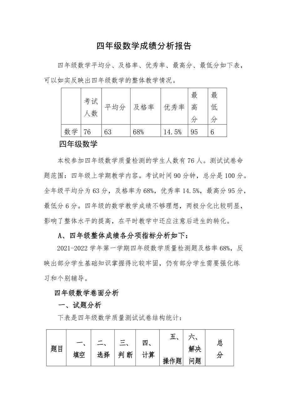 四年级上册数学期末成绩分析_第1页