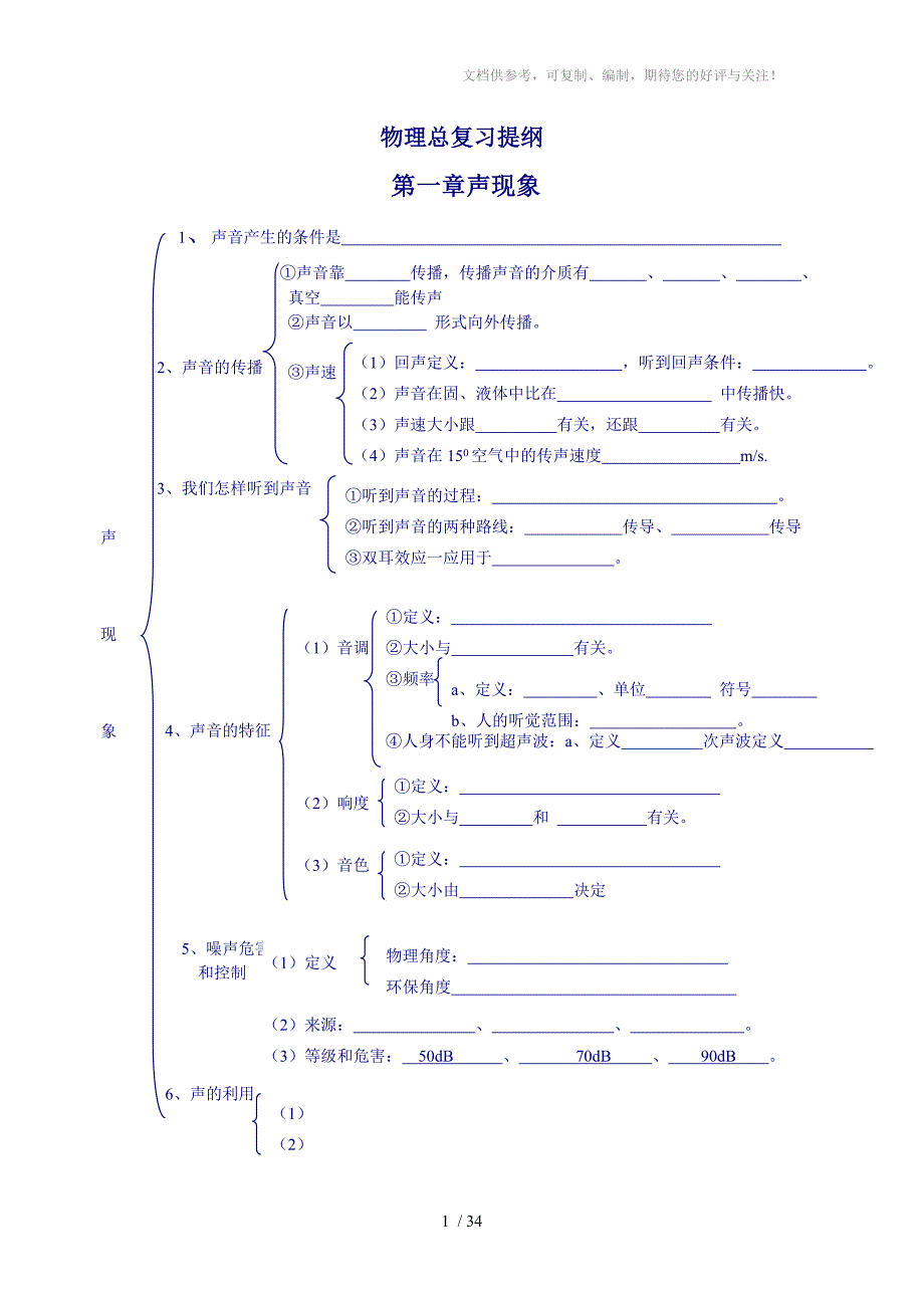 人教版新教材2011年中考物理总复习提纲第一章声现象参考_第1页