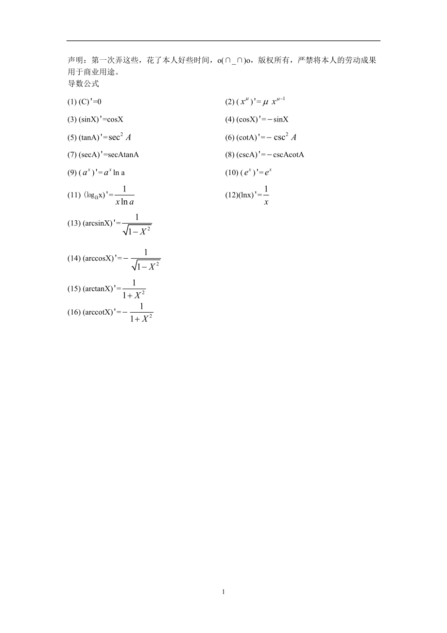 2022年整理高等数学中的导数公式和等价无穷小公式_第1页