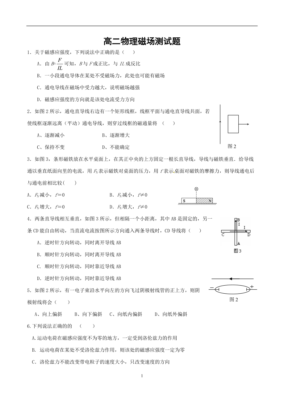 2022年整理高二磁场单元测试题(含答案)_第1页