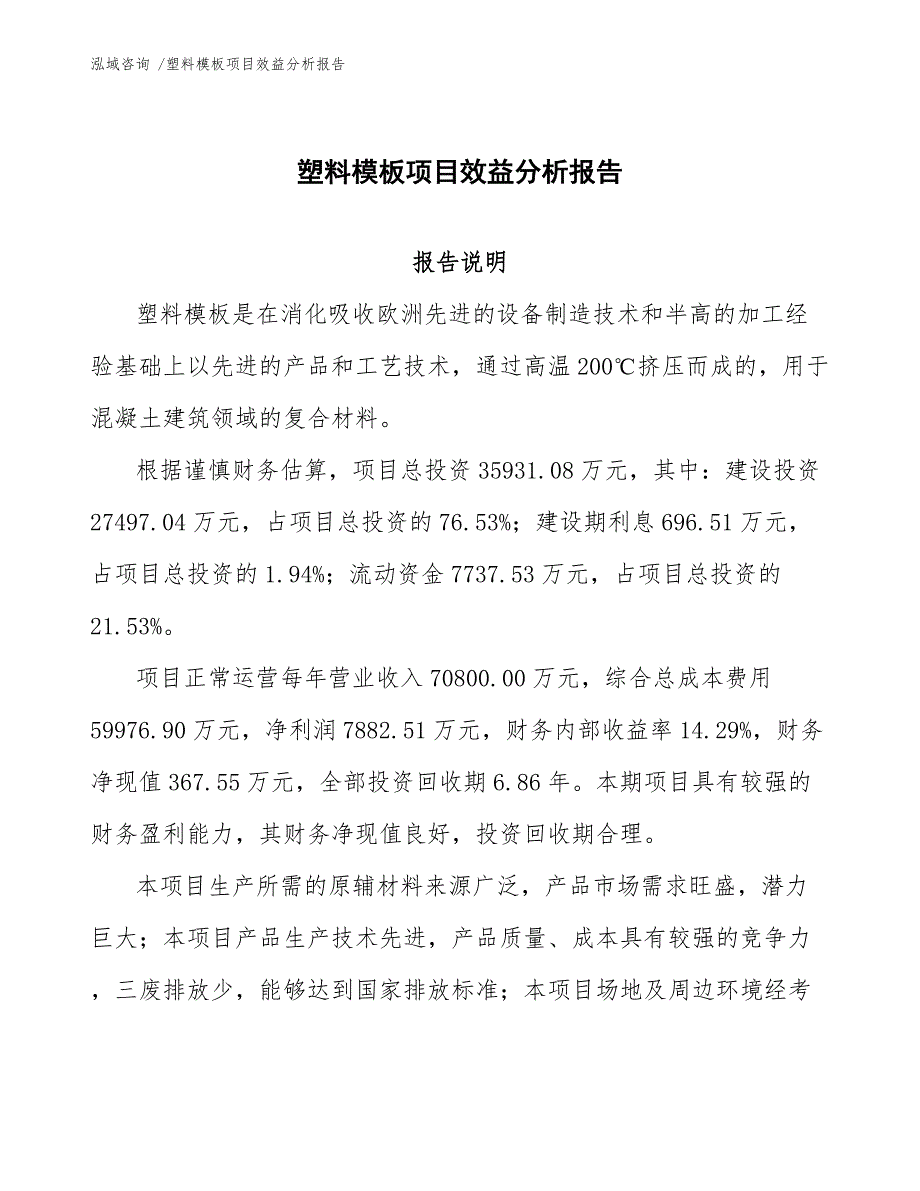 塑料模板项目效益分析报告（模板）_第1页