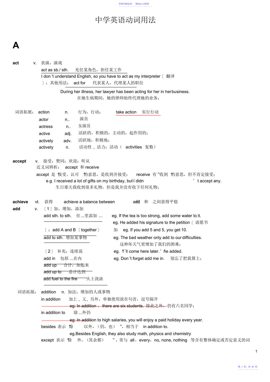 初中英语重点动词用法AZ_第1页