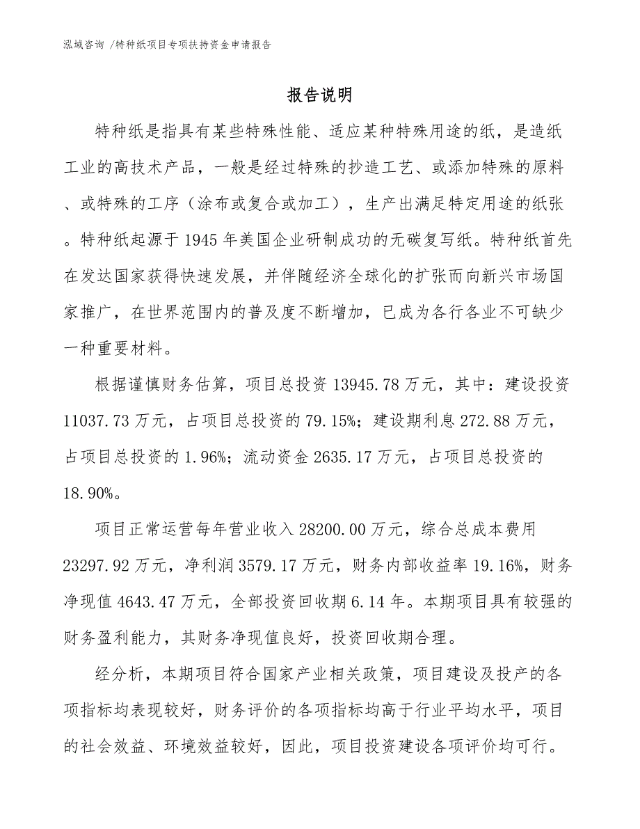 特种纸项目专项扶持资金申请报告（范文）_第1页