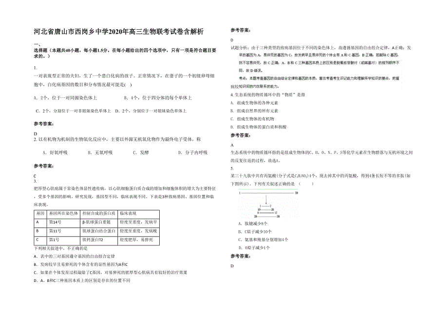 河北省唐山市西岗乡中学2020年高三生物联考试卷含解析_第1页