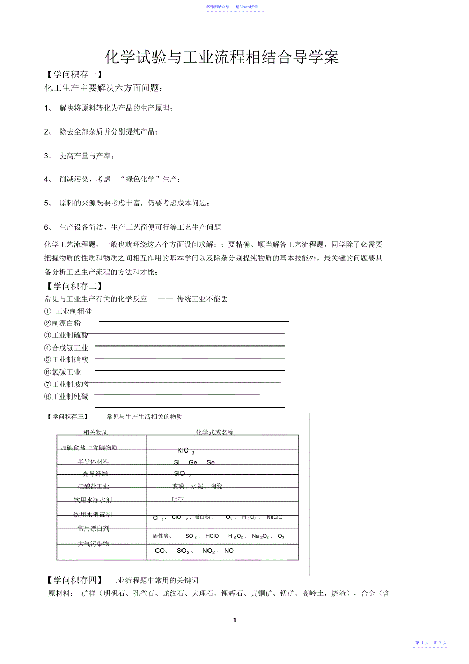 化学实验与工业流程相结合归纳,推荐文档_第1页