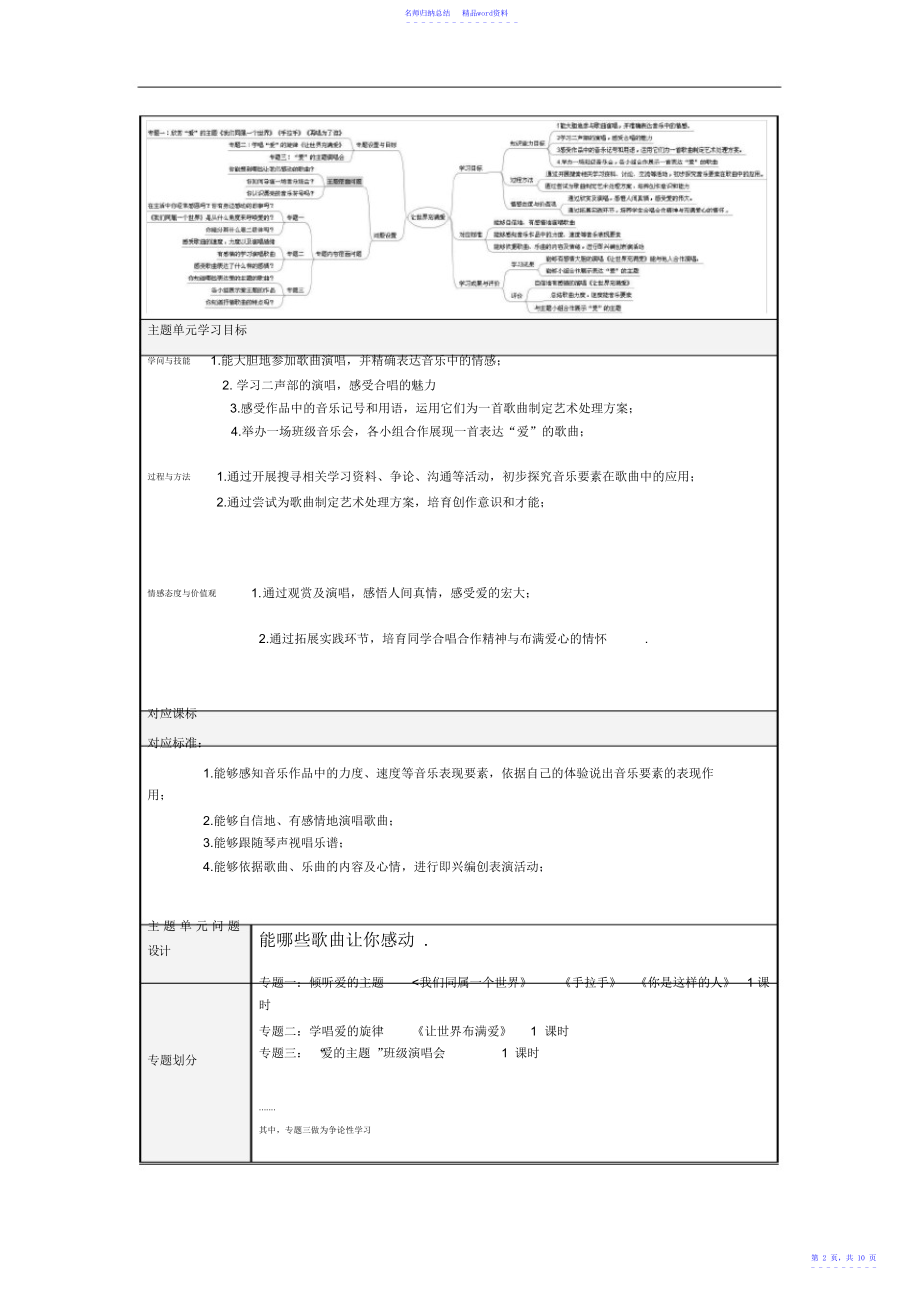 初中音乐《让世界充满爱》主题单元教学设计_第2页