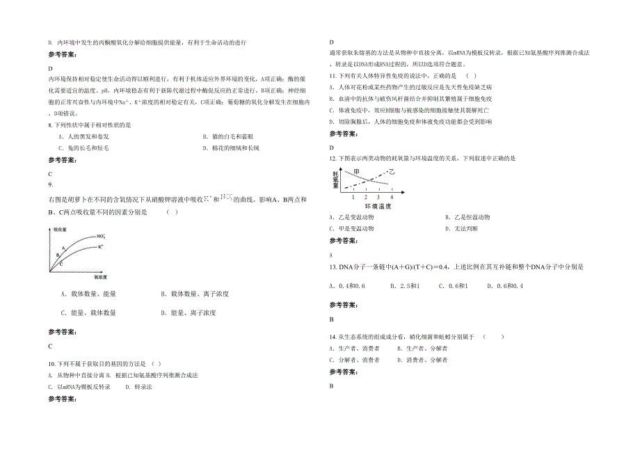 河北省廊坊市养马庄中学2022年高二生物下学期期末试卷含解析_第2页