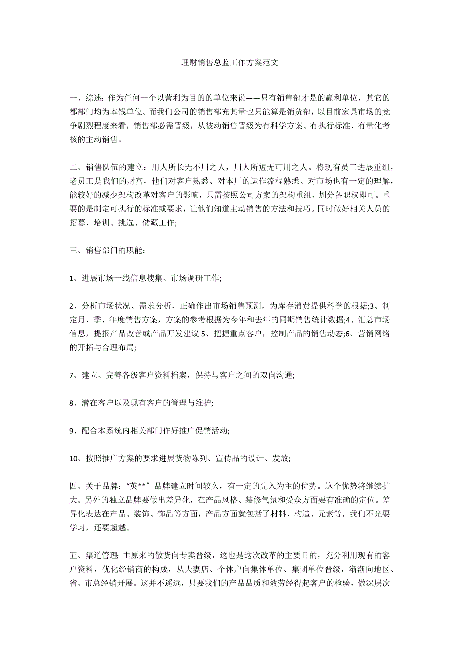 理财销售总监工作计划范文_第1页