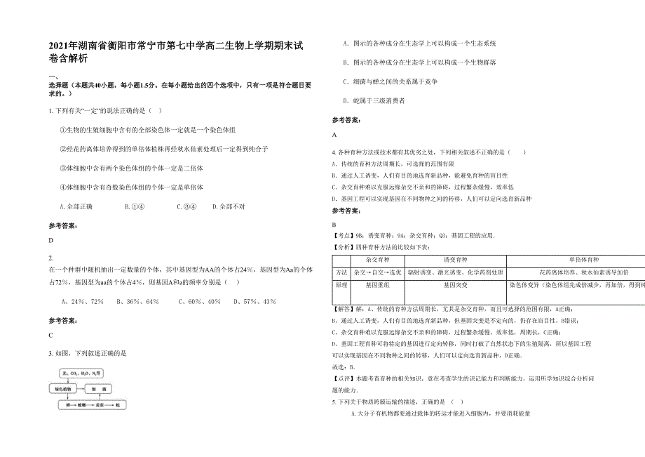 2021年湖南省衡阳市常宁市第七中学高二生物上学期期末试卷含解析_第1页