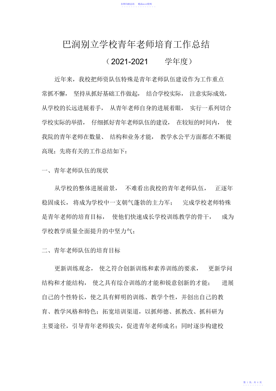 巴润别立学校青年教师培养工作总结_第1页