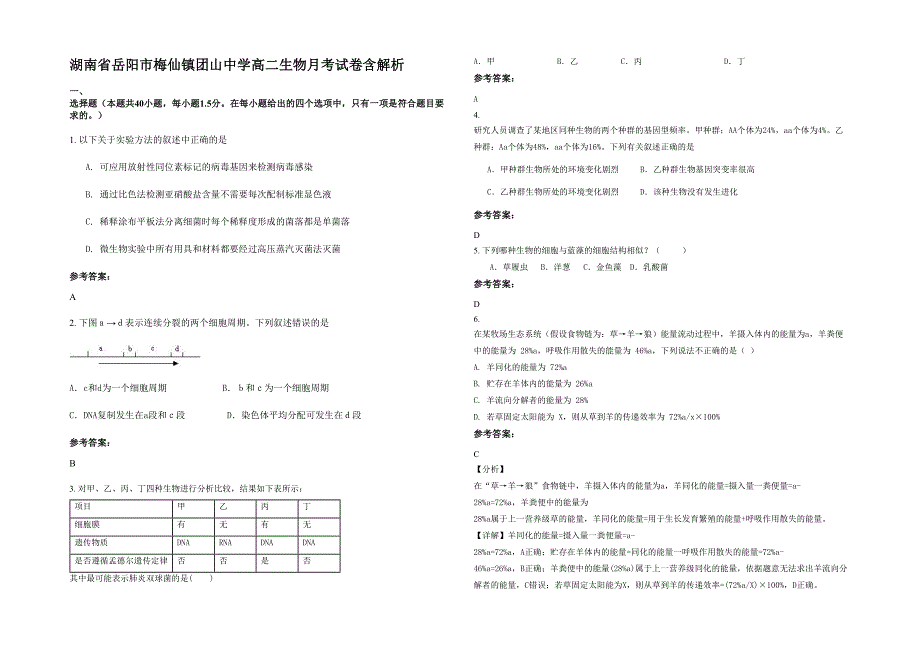 湖南省岳阳市梅仙镇团山中学高二生物月考试卷含解析_第1页