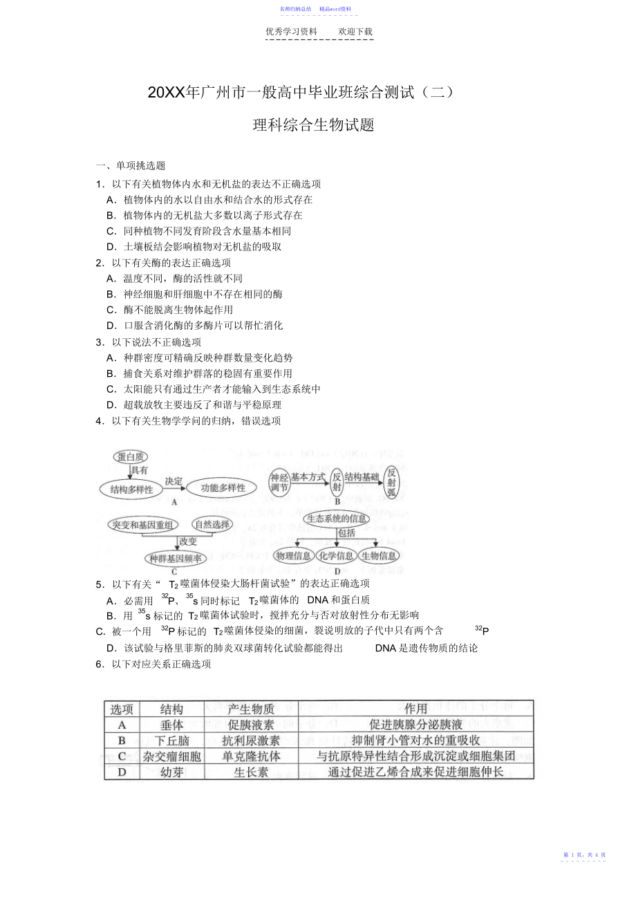 广州市高三综合测试生物试题_第1页