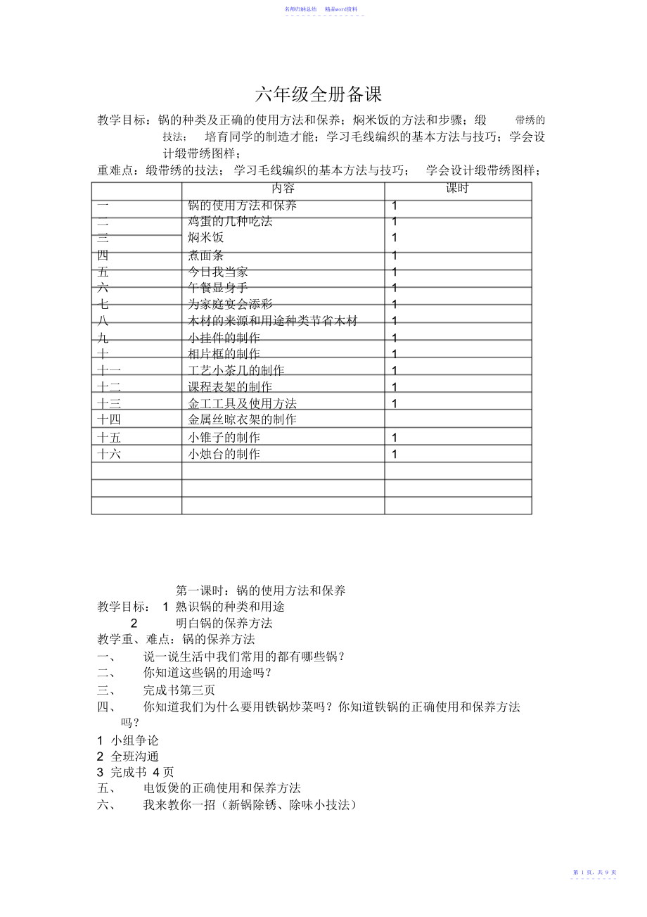 小学六年级劳动技术教案_第1页