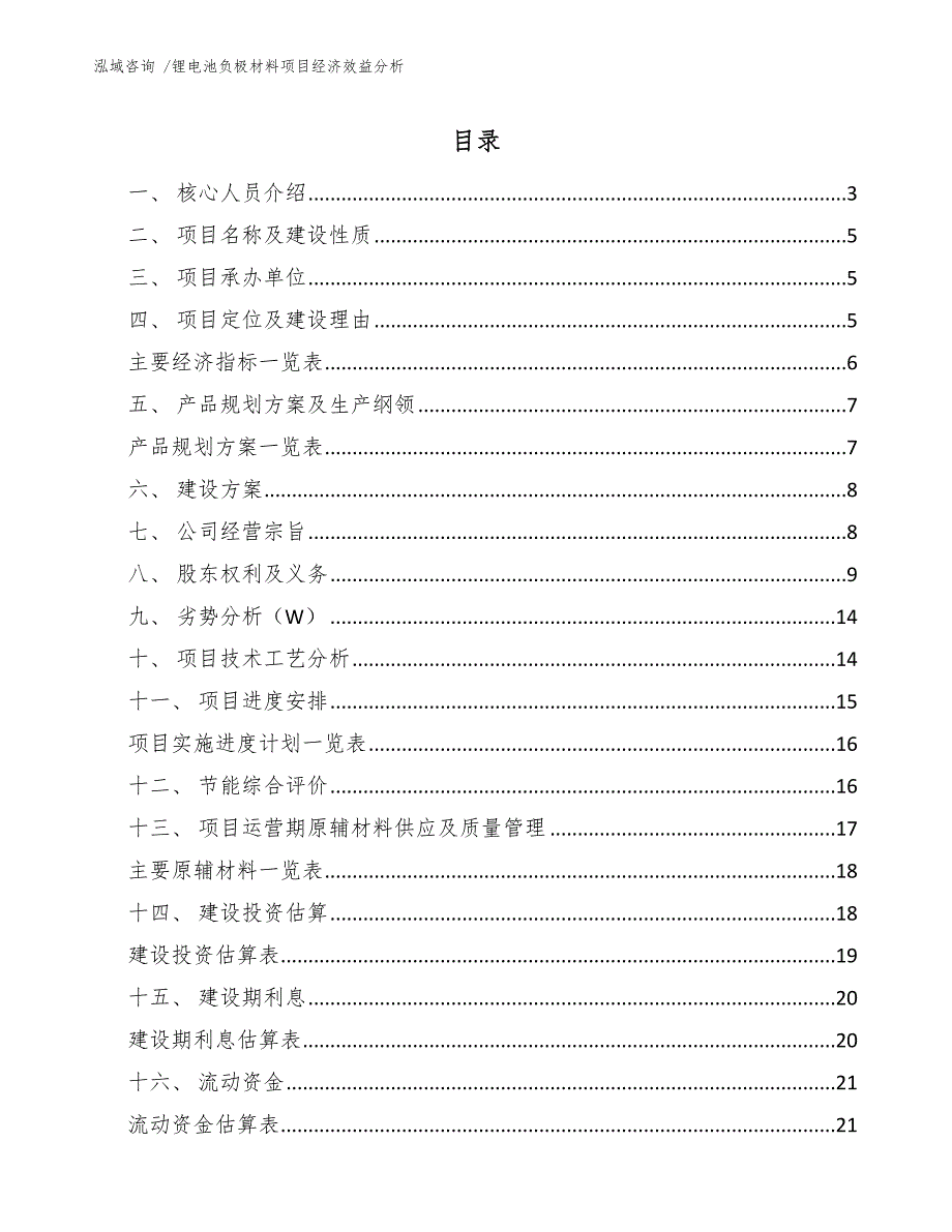 锂电池负极材料项目经济效益分析（模板参考）_第1页