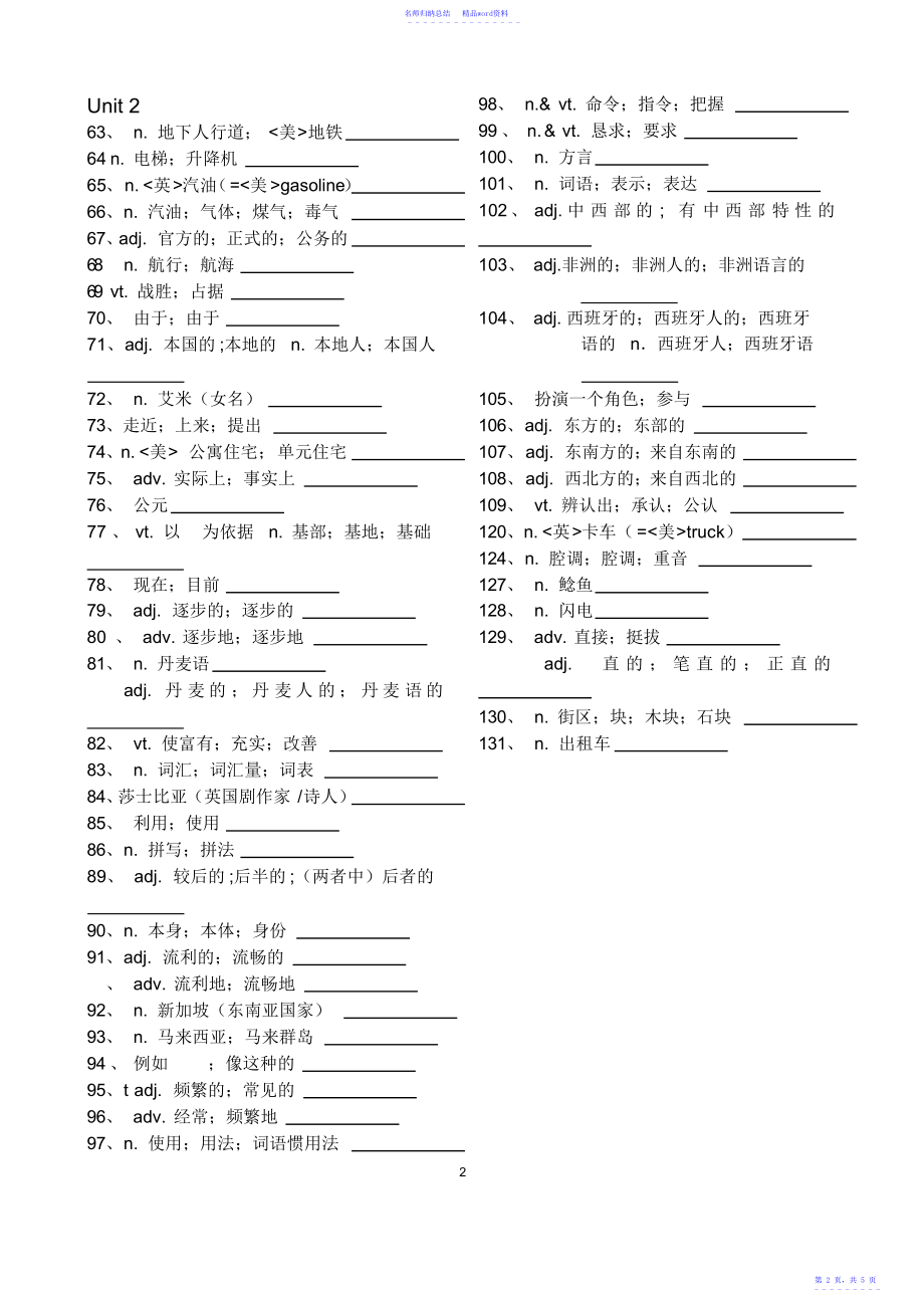 高一英语必修一单词默写-打印版_第2页