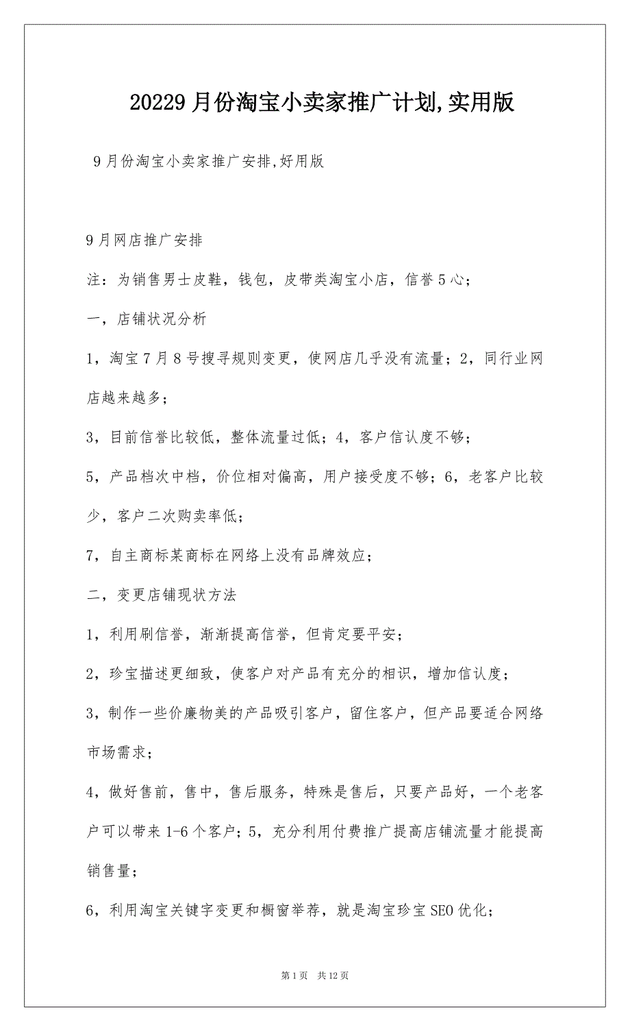 20229月份淘宝小卖家推广计划,实用版_1_第1页