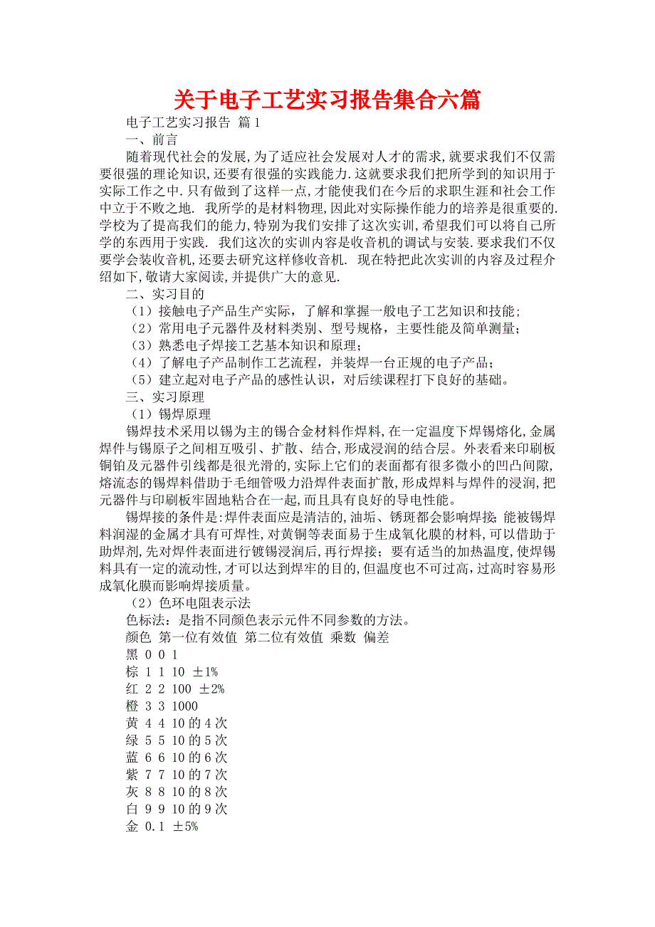 《关于电子工艺实习报告集合六篇》_第1页