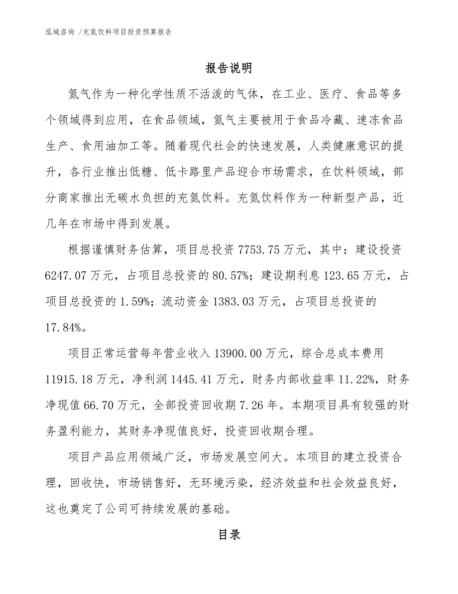 充氮饮料项目投资预算报告（模板范本）_第1页