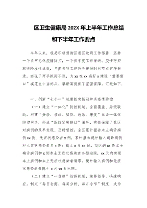 区卫生健康局202X年上半年工作总结和下半年工作要点