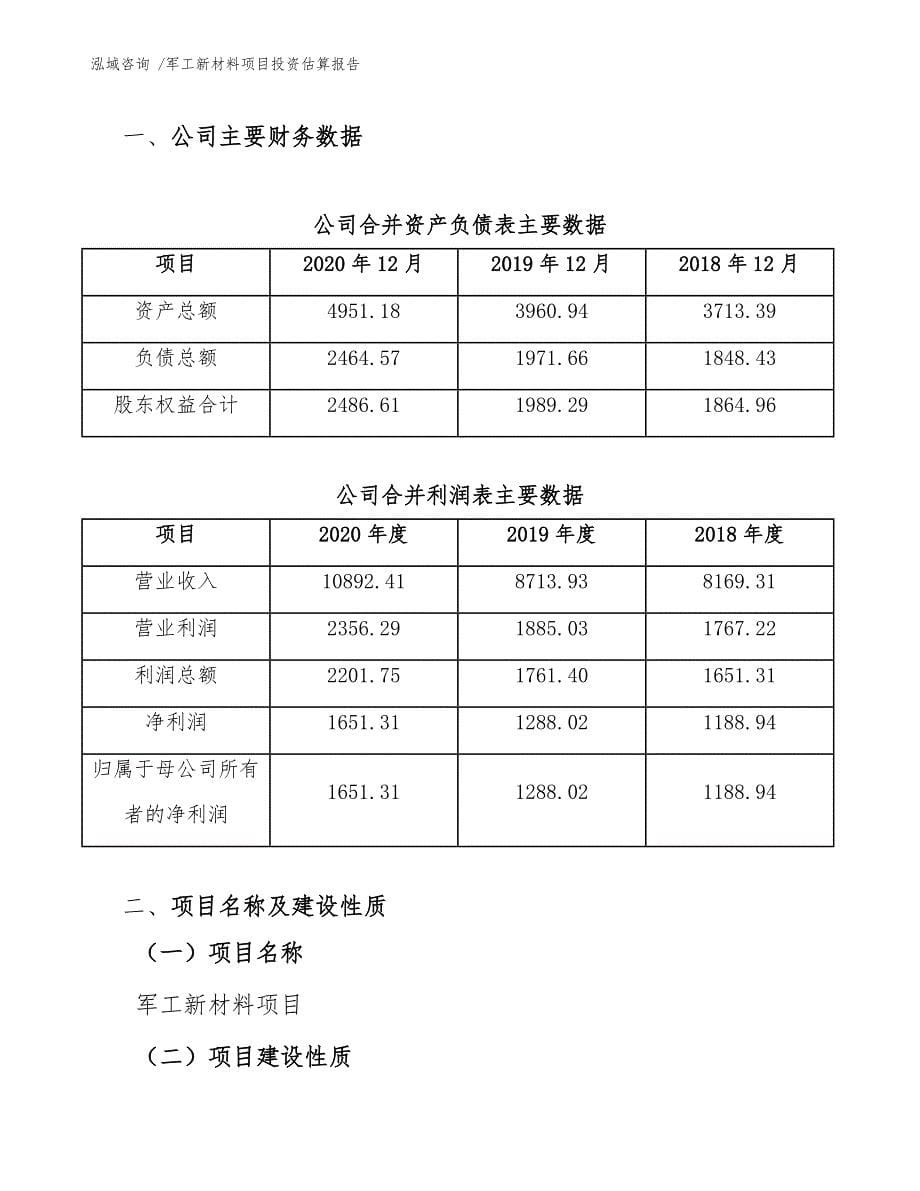 军工新材料项目投资估算报告（模板范本）_第5页