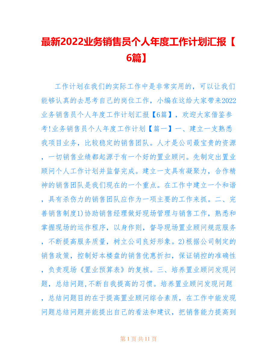 最新2022业务销售员个人年度工作计划汇报【6篇】_第1页