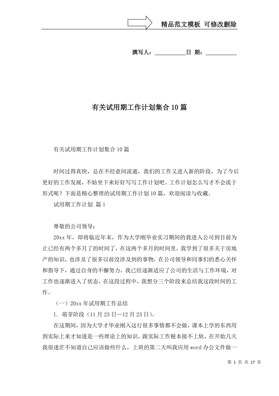 2022年有关试用期工作计划集合10篇_第1页