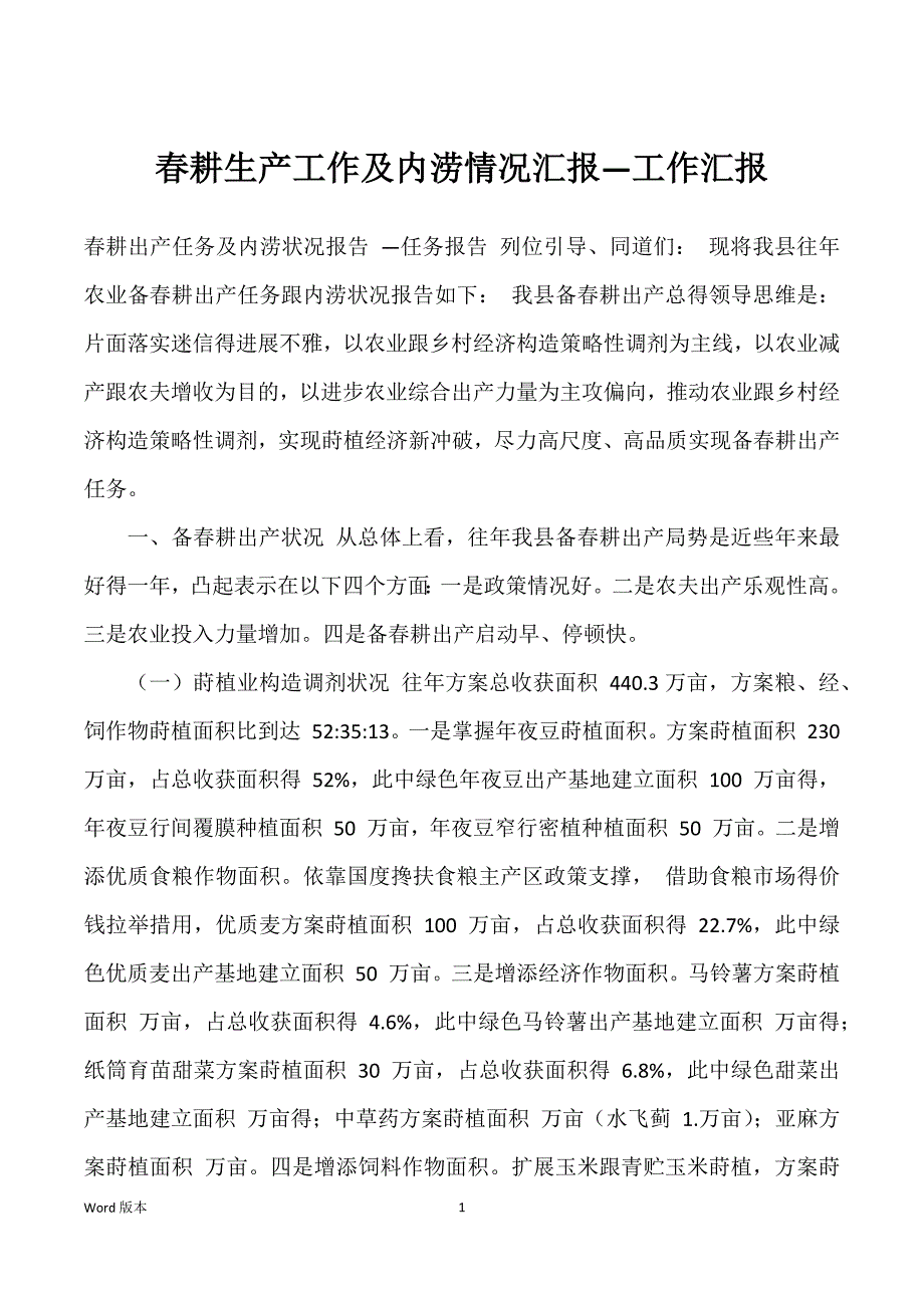 春耕生产工作及内涝情况汇报—工作汇报_第1页