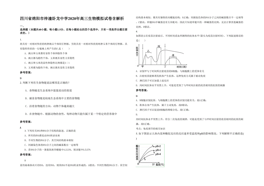 四川省绵阳市梓潼卧龙中学2020年高三生物模拟试卷含解析_第1页