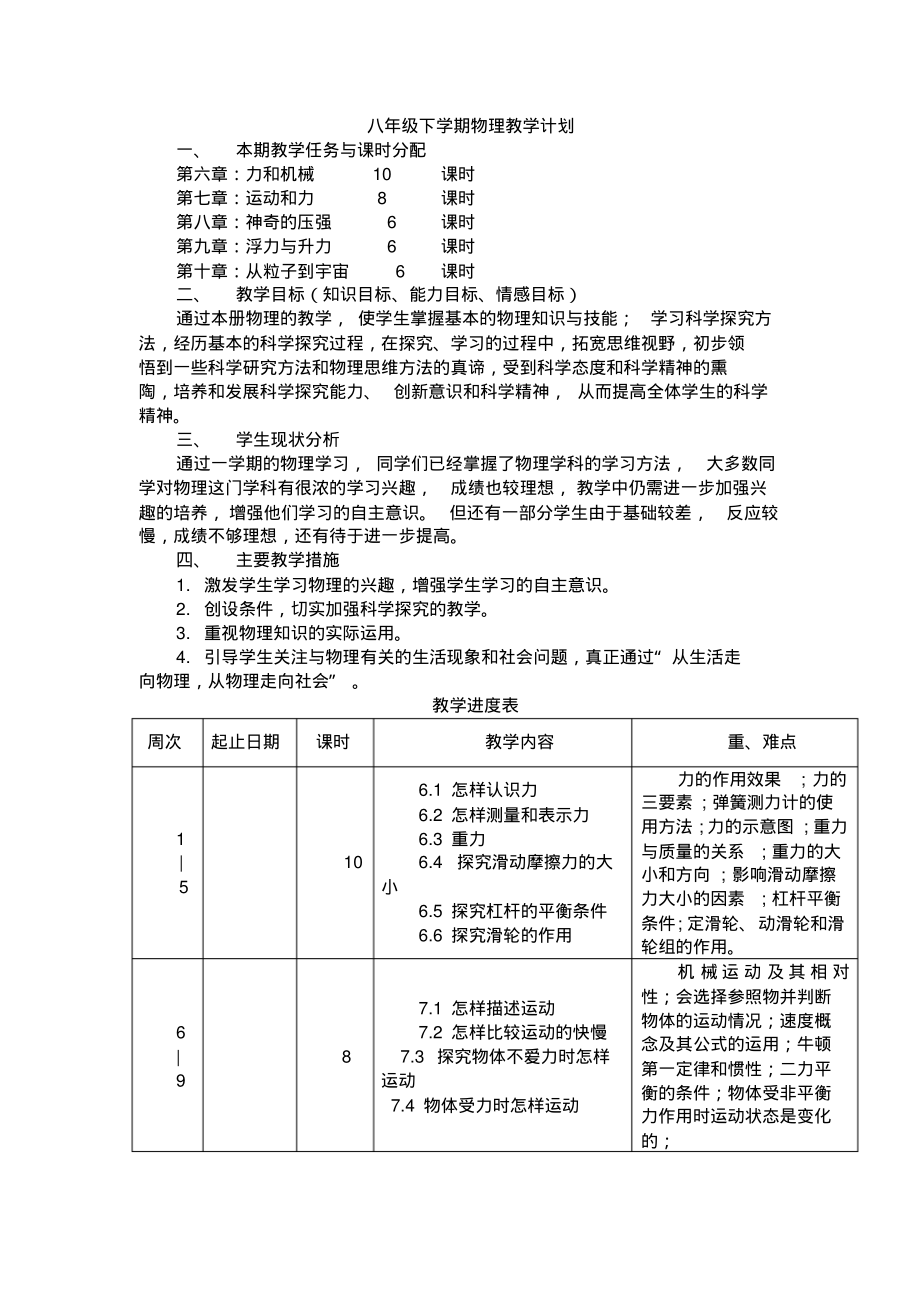 沪粤版八年级下册物理教学计划_第1页