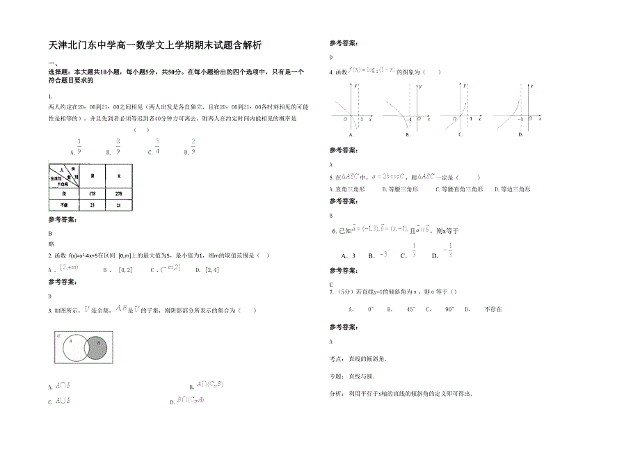 天津北门东中学高一数学文上学期期末试题含解析_第1页