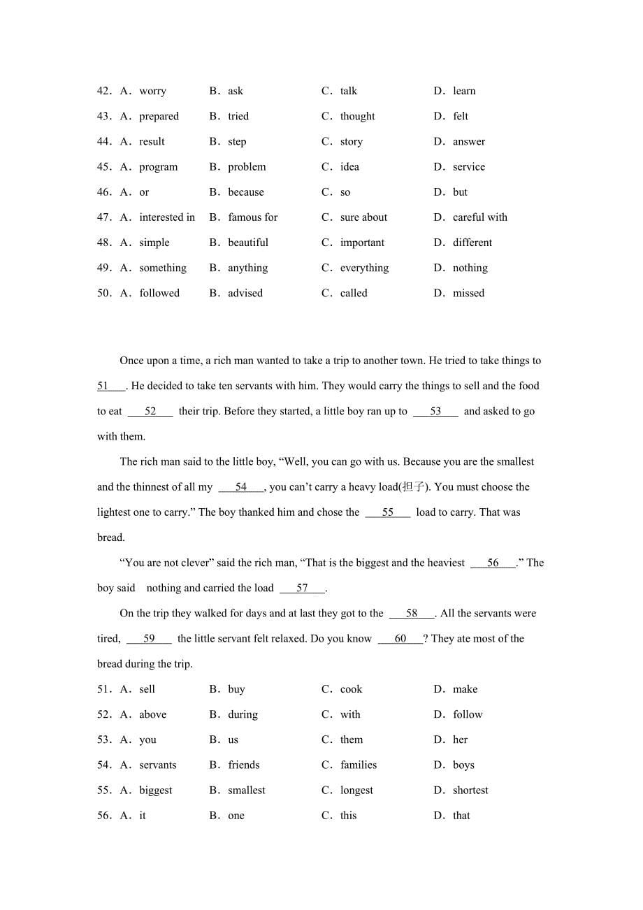 中考英语《完型填空》复习专项练习题（含答案）2_第5页