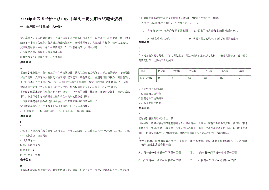 2021年山西省长治市法中法中学高一历史期末试题含解析_第1页